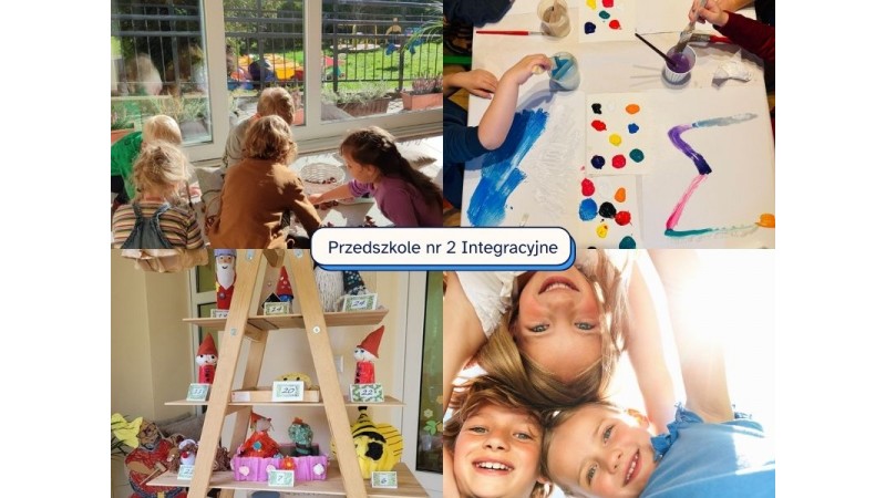 Kolaż zdjęć z przedszkola: dzieci przy oknie, podczas malowania, prace plastyczne na regale oraz troje uśmiechniętych dzieci. Na środku napis: „Przedszkole nr 2 Integracyjne”.